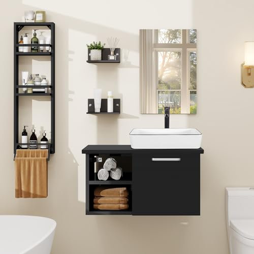 YU YUSING Ensemble de Meubles de Salle de Bain avec Lavabo Miroir et Porte-Serviette, 3 Étagères Murale, Armoire Meuble de Rangement, Vasque à Poser, Ensemble de Robinets (Blanc)