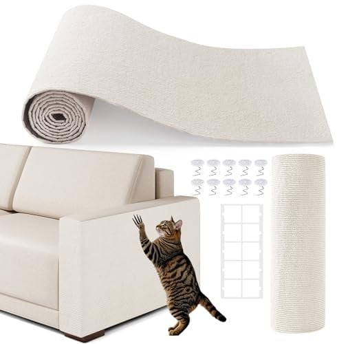 78.7x15.8 Cat Scratching Mat,Self-Adhesive Furniture Protector, Trimmable DIY Durable Cat Scratch Pad for Wall & Couch (Beige)