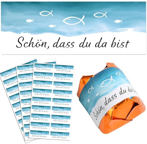 52 Aufkleber Schön, dass du da bist Taufe Hochzeit Gastgeschenke Sticker Schokolade Fisch Blau Pralinenaufkleber für Konfirmation Kommunion Geburtstag für Küsschen Pralinen Rechteckig 5x1,8cm