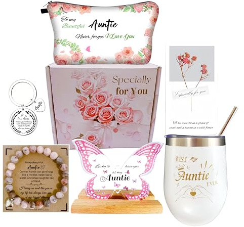 WOSHIDEFA Auntie Gifts - Auntie Birthday Gifts for Women - Aunty Gift Set with Tumbler, Makeup Bag, Butterfly Decor - Mothers Day Gift, Gift for Aunt from Niece Nephew Christmas Pink