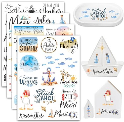 4 Blatt Rub On Sticker Maritim Transferaufkleber Meer Rub Ons Selbstklebend Ahoi Moin Maritime Sprüche Aufkleber Rub On Folie für Glas Holz Raysin Keramik Blau DIY Geschenkideen