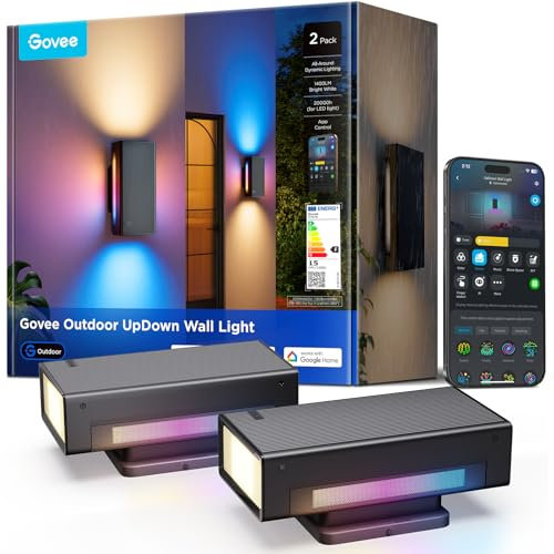 Govee Outdoor UpDown Wandleuchte RGBICWW, 1400LM pro Stück LED Wandleuchte Aussen mit 64 Szenenmodi, IP66 Wasserdicht Wandlampe, Funktioniert mit Matter, Alexa und Google Assistant, 2er-Pack