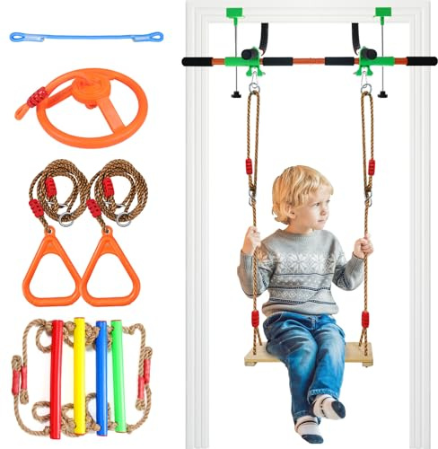 Doorway Swing for Kids & Door Pull Up Bar for Adults - Indoor Kid Swing with 4pcs Accessories - Multi-Function Doorway Gym for Family Fitness & Play (Orange)