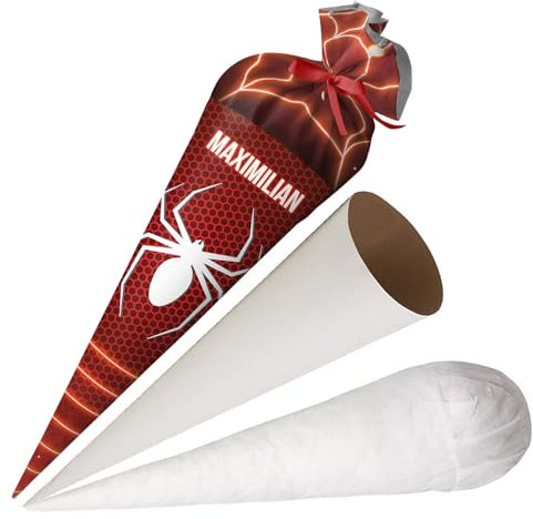 Ferocity Schultüte Spinne mit Namen für Jungen, Personalisierte Tüte, 70 cm Zuckertüte aus Stoff mit runde Papprohling und Füllung aus Silikonkügelchen, große Tüte als Kissen [149]