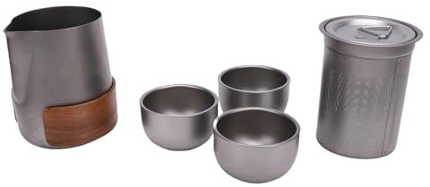 SPYMINNPOO Travel Teapot Set, Ti Alloy Portable Small Tea Pot Set, with Removable Infuser 3 Cups and Storage Bag, Outdoor Picnic Camping