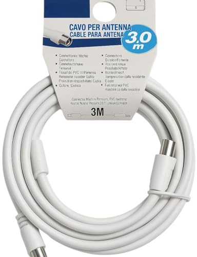 Terryshop74 Cavo Antenna TV DVB-T/DVB-T2 – 3 Metri – Connettori Maschio/Femmina – Cavo Coassiale Schermato per TV, Decoder e Presa Antenna – Bianco