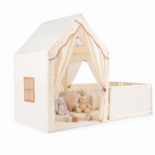 HOMASIS Spielzelt Indoor, 2 in 1 Spielhaus mit Laufgitter, Matte, Sternlichtern & Fenster, Kinderzelt aus Baumwolle, Kinder Zelt Kinderhaus für ab 3 Jahren, Kinderspielzelt für Kinderzimmer (Beige)