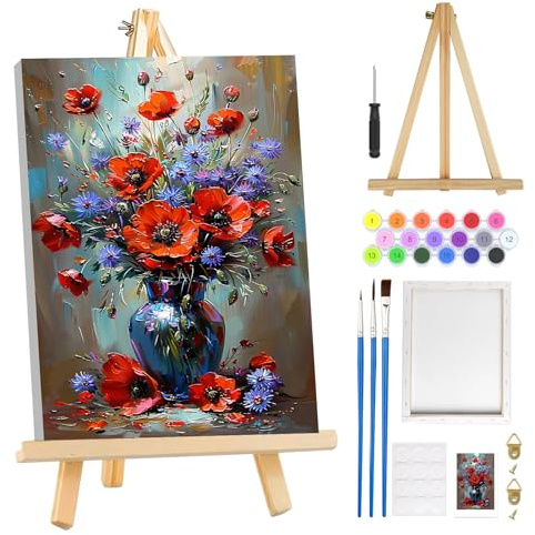 MOGTAA Flowers in Vase Paint by Numbers for Adults Beginners with Frame, Landscape Painting by Numbers for Adults with Easel, Easy DIY Oil Painting Kits Art Crafts for Home Decor, 8x12in