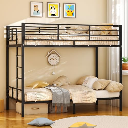 Bonnlo Metal Bunk Bed, Single over Single Loft Bed Frame with 38cm High Full-Length Guardrail & Non-Slip Ladder, Space-Saving Twin Over Twin Bunk Bed, High Sleeper Bed Frame for Kid Teens Adults,Black