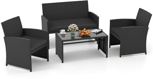 SOARS Salon de Jardin Exterieur en Rotin PE, 4 Personnes (Noir+Noir) | Canape Exterieur avec 2 Fauteuils à Coussins, Table Basse Verre, pour Patio, Balcon, Cour, Charge 360KG+180KG+45KG