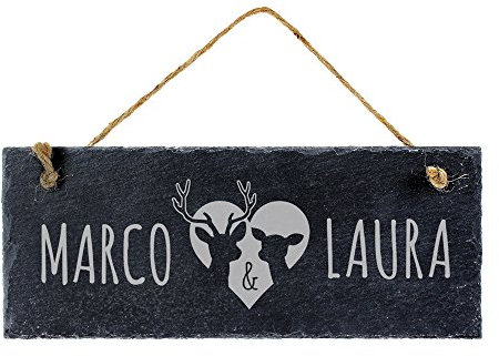 Casa Vivente Schiefertafel zum Aufhängen mit Personalisierter Namensgravur, Türschild mit Waldmotiv für Paare, Hirsch und REH, 25 x 10 cm