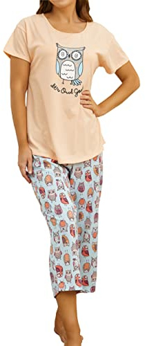 PNAEONG Damen-Pyjama-Set, Nachtwäsche, Oberteil mit Caprihose, lässiger und lustiger Aufdruck
