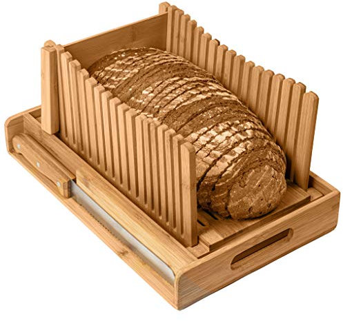 Kitchen Seven Bamboo Bread Slicer with Crumb Tray, 3 Slice Sizes, Adjustable, Compact, Foldable