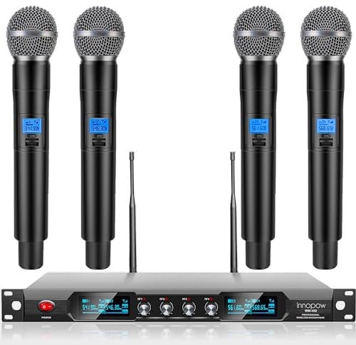 innopow 4-Channel Wireless Microphone System,Quad UHF Metal Cordless Mic, 4 Handheld Mics,Long Distance150-200Ft,Fixed Fre.