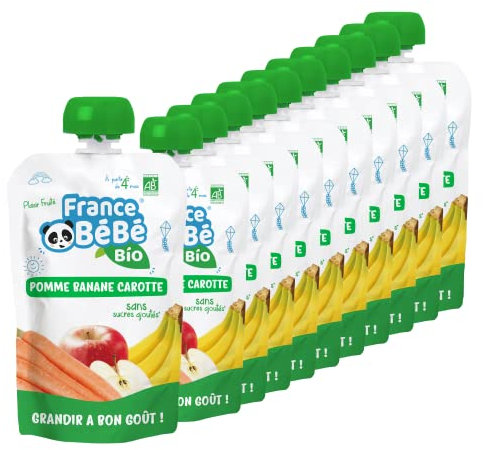 FRANCE BéBé BIO - Compote de fruits et légumes BIO en gourde dès 4 mois - Pomme Banane Carotte - Pack de 10 x 100g