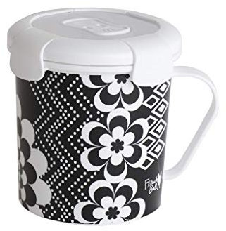 French Bull 23 oz Soup Mug With Handle and Vented Lid Food Storage-Cool Grip Leak Proof Dishwasher and Microwave Safe Lunch Travel Airtight, Mosaic B&W