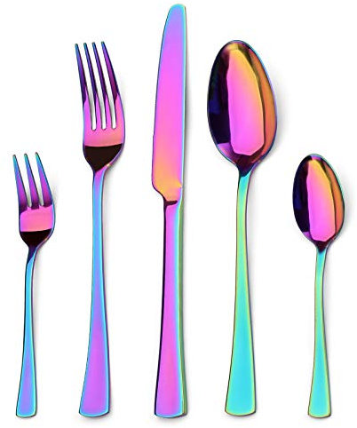 Sharecook 30 Stück Titanium Regenbogen Farbe Plated Besteck, 30 Stück Bunte Besteck Set, Multi Farbe Besteck Set Besteck, Service für 6 (glänzend Rainbow)