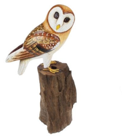 Shared Earth Barn Owl On Tree Trunk, Hand Carved Wooden Indoor/garden Ornament 32cm