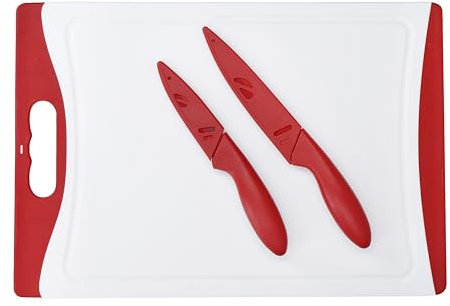 Colourworks 3-Piece Knives and Chopping Board Set, with Stainless Steel Paring Knife, All Purpose Cutting Knife & Plastic BPA Free Cutting Board, Premium Quality Non Slip Colourful Kitchen Kit, Red