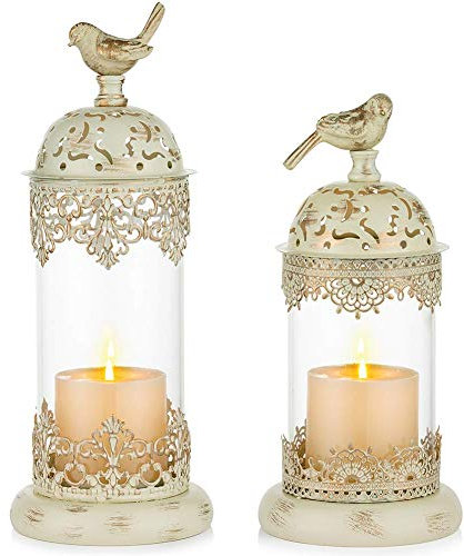 Ecoodisk Vintage Pillar Candle Holders Set of 2 Moroccan Wrought Iron Hurricane Candle Holder with Glass Shade Candlestick Holders Gift for Wedding,Farmhouse,Table Centerpiece Decoration,A