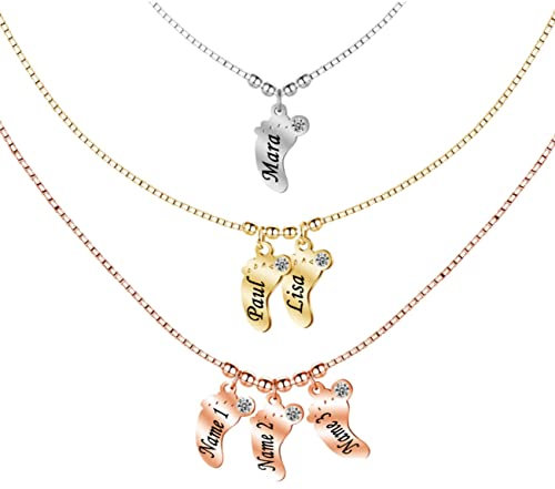 Gravur Babyfüße Edelstahl Namenskette für Mutter Name Datum Halskette mit Kindernamen Personalisierte Damenkette Anhänger Buchstabenkette Babykette Mütter Halskette Geschenk für Mom Mama Oma (4 Füße)