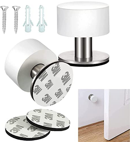 Fleymu 2Pcs Tope De Puerta De Acero Inoxidable Para Montaje En El Suelo Y Pared, Adhesivos, 4 x 4,2 cm, Para Protección De Muebles, Paredes Y Puertas (Blanco)