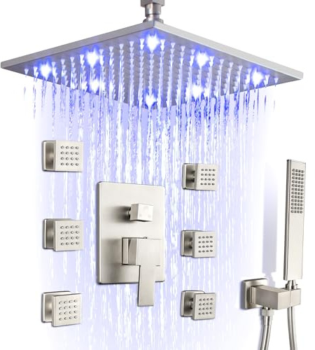 SKOWLL Set soffione doccia a pioggia, 3 funzioni, sistema di montaggio a soffitto LED da 30,5 cm, con kit valvola doccia cUPC, nichel spazzolato