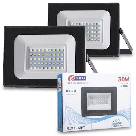 E-QUICKLY faretti LED da esterno - 30W, potente proiettore da 2400 lumen, faretto led da esterno con luce bianca fredda 6000K, faro LED grado di impermeabilità IP65, faretti da giardino 220V, 2 PZ