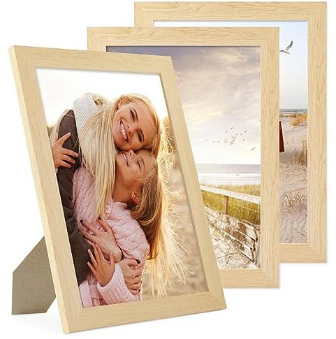 PHOTOLINI Cadre photo 18 x 24 cm bois MDF naturel, cadre large bord, lot de 3 cadres photo, verre acrylique incassable, décoration murale à suspendre & à poser, accessoires supplémentaires