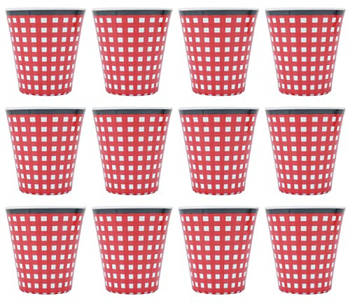 12PCS Tasse à Boisson En Mélamine,Otufan 8,6x9cm/3,4x3,5in Tasse à Mélamine à Carreaux Rouge Tasse à Boisson En Porcelaine Imitation Convient Pour les Cadeaux De Restaurant De Fête à Domicile