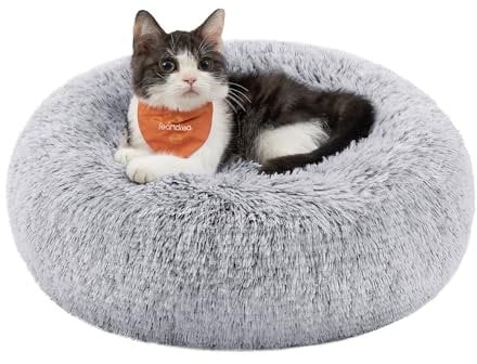 Feandrea Dog Bed, Donut Cat Bed, Fluffy Calming Pet Bed with Removable, Washable Cover, Soft Long Plush, 40 cm, Grey Ombré PGW036G01