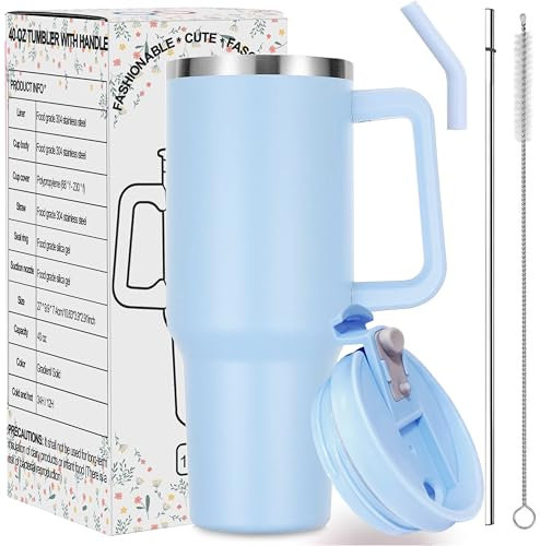 Hi-ERA 40oz Tumbler with Straw and Lid-Stainless Steel Vacuum Travel Mug with Handle, Blue Insulated Tumbler Keeps Cold for 34Hrs or Hot for 12Hrs