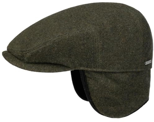 Stetson Kent Wool Ohrenklappen Schiebermütze Damen/Herren - Made in The EU Flatcap Wollcap mit Schirm, Ohrenklappen, Futter, Futter Winter Herbst-Winter - S (54-55 cm) dunkelgrün