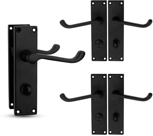 Bwintech 3 Sets Matt Black Victorian Lever on Plate, Latch Furniture, Backplate Door Handles, with Bathroom knob, Suitable for Wooden Doors