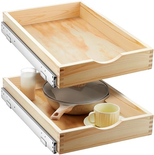 Menkxi 2 Set Pull out Tray Cabinet Organizer Wooden Pull Drawers storage Slide out Pantry Shelf for Base Cabinet Kitchen Gentle Close Fully Assembled Accessories(Wood Color,15'' X 21'' X 3'')