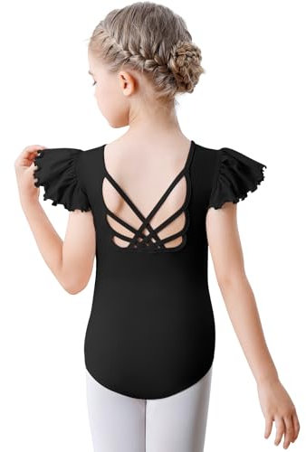 Aiseyi Ballettkleidung Mädchen Ballett Trikot Kinder Rüsche Kurzarm Turnanzug Baumwolle TanzBody Ballettanzug mit Kreuzrücken Schwarz 100