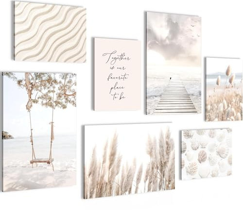 Novart Wandbilder Strand Meer Relax - KOMPLETT AUFHÄNGFERTIG - Beige Wohnzimmer Schlafzimmer - 7 Moderne Mood-Bilder - N023472a