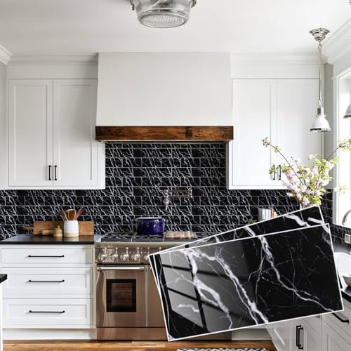 Abyssaly Marble Stick on Tiles for Kitchen, Bathroom Self Adhesive Wall Tile Stickers Black, Peel and Stick for Home Decor DIY Backsplash, 10x20cm/10pcs