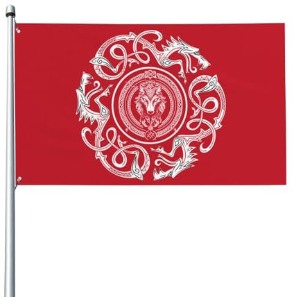150 x 90 cm (5 x 3 Fuß) Wikingerflagge, skandinavische Rune, Wolf, Symbol für Haus, Rasen, hängende Dekoration, Hofbanner, Urlaub, Willkommensflaggen mit 2 Metallösen, für den Innen- und Außenbereich