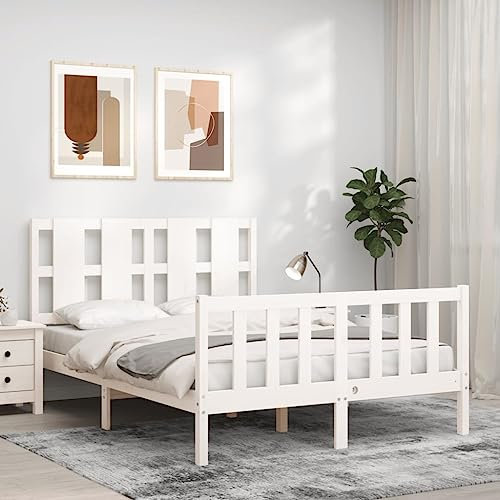 Sufrk Massivholzbett mit Kopfteil Bettgestell Bed Frame Holzbett Kopfteil Bett Schlafzimmer Bett Massivholzbetten Weiß 120x200 cm - 3192227