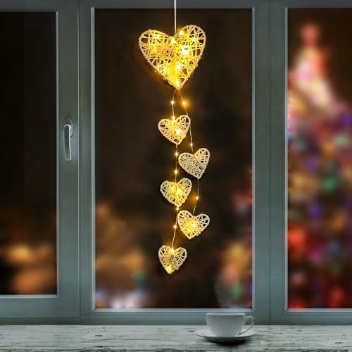 Deko-Hänger Mit 6 Beleuchteten Herzen in Weiß, LED Lichterkette Mit Batterie, Warmweiß Herz Deko für Wanddeko, Hängedeko, Weihnachten Fenster Lichter Indoor