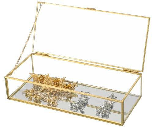 AMGSH 22,9 cm goldene Vintage-Glas-Andenken-Box, verspiegelter Boden, dekorative Glas-Schmuckbox mit Deckel, transparent, rechteckig, für Ringe, Armbänder, Ohrringe, Organizer (22,9 x 9,9 x 5,1 cm)