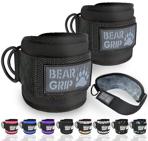 BEAR GRIP Adjustable Gym Cuffs - Wrist & Ankle Straps for Cable Machines w/Double D-Ring, Gym Straps Cable Attachments for Booty Workouts, Cable Kickback for Men and Women