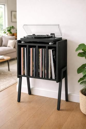 ACAZA Plattenspieler Tisch für Schallplatten Aufbewahrung – Schrank mit 4 Fächern – 40 x 30 x 66cm – Holz und Metall – Schwarz