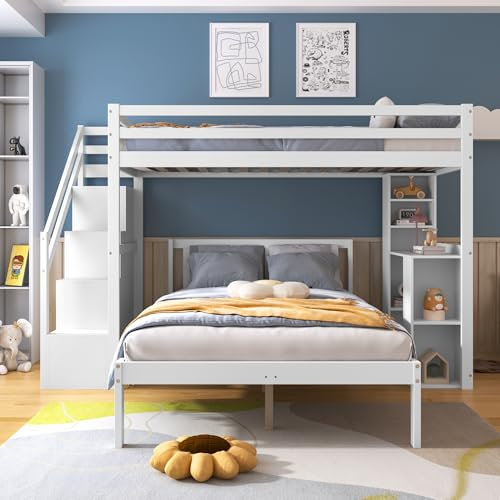 YuQozii Etagenbett mit seitlichen Ablagen, Multifunktionales Kinderbett, Kinder-Etagenbett, Mit Stautreppe, Großer Stauraum, Ohne Matratze, Kiefer + MDF, Weiß (90 * 200cm+120 * 200cm)