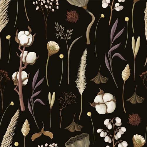 Auspicium Vintage Botanical Peel and Stick Wallpaper,Cotton Flowers and Dried Plants,Self-Adhesive Removable Wallpaper Contact Paper for Decorative Bedroom Bathroom House Wall (17.3 x 118 inches)