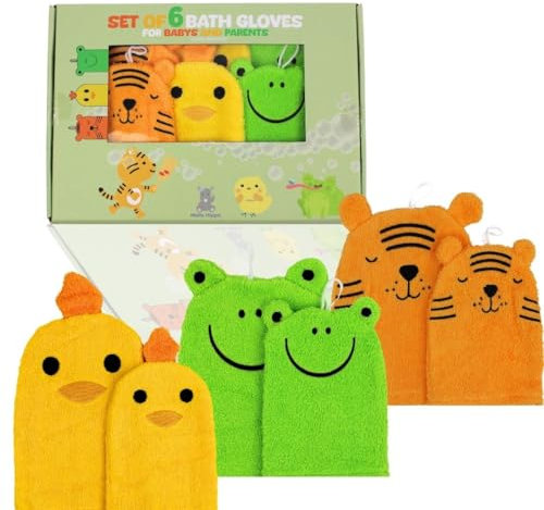 Hello Hippo® Lot de 6 Gants de Toilette Bébé & Parents – Gants Douche Coton – Tigre, Grenouille, Poussin – 3 Gants Parents + 3 Enfants – Débarbouillette Lavable