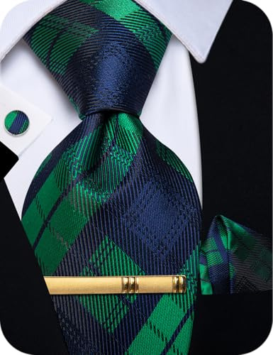 YourTies Seidenkrawatten für Herren, kariert, Paisleymuster, Blumenmuster, Einstecktuch, Manschettenknöpfe, Krawattenklammer, Set, Hochzeit, Party, Business, formell, Grün / Blau kariert