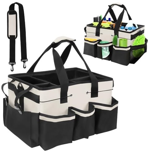 Les-Theresa Cleaning Caddy Bag, Caddy Organiser Large Gardening Tool Storage Bag with Handle, Adjustable Cleaning Products Organiser Multi Pocket Bucket Tool Bag for Home, Car, Garden, Craft (White)