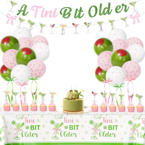 Bonropin A Tiny Bit Older Birthday Decorations, Green Pink Bow Balloons Banner Cake Topper Tablecloth for Girls Women Trendy Martini Bar Birthday Bachelorette Bridal Shower Party Supplies
